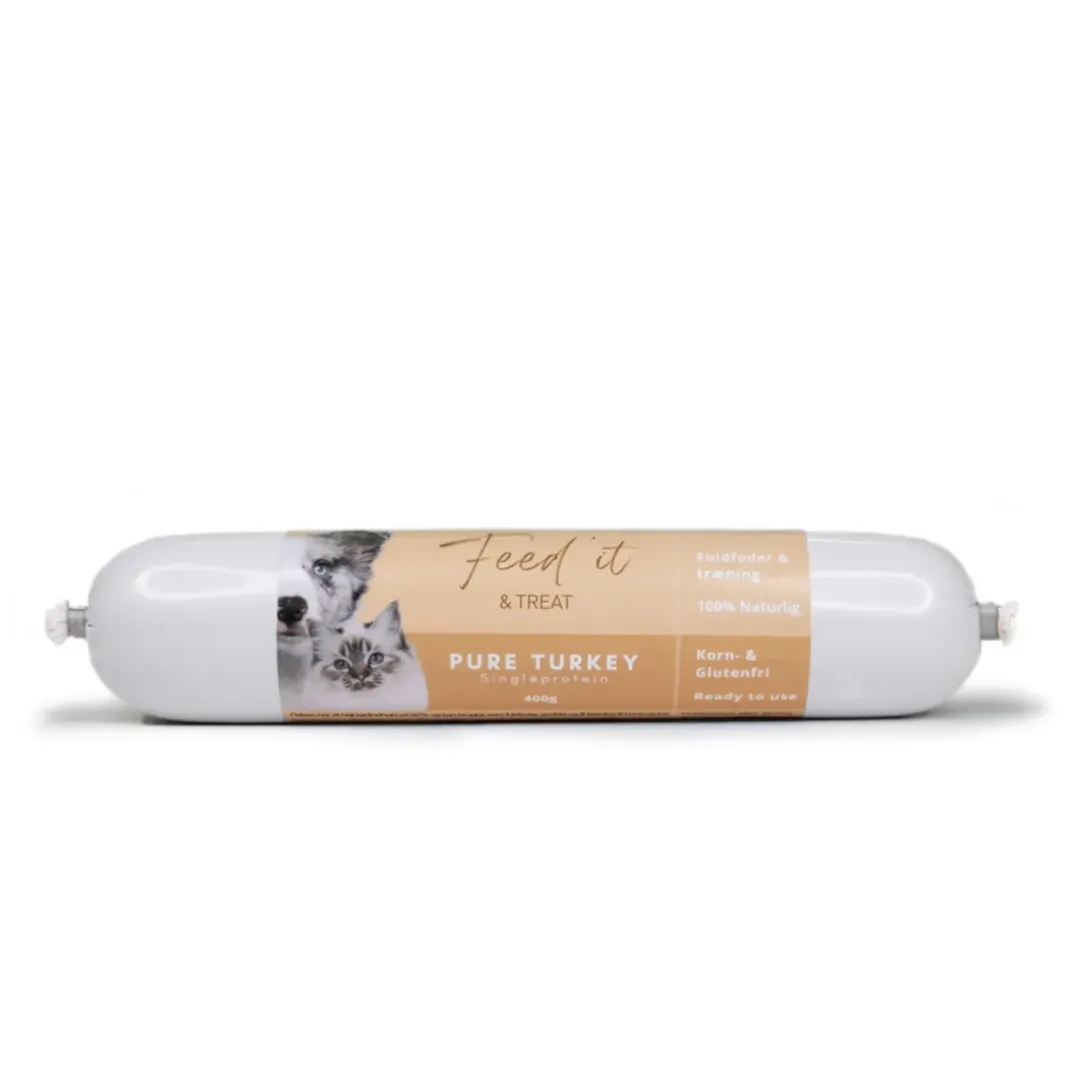 Outlet Feedit & Treat Pure Turkey 400 g - naturlig kalkunskærepølse til hund og kat Snacks Til Hvalpe - Lækre Godbidder Til Træning Og Forkælelse|Hundeguf Og Tyggeben Til Hunde