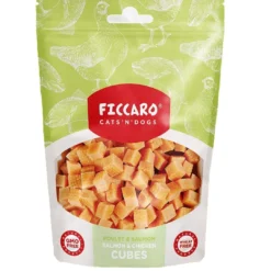 Sale FICCARO Hundesnack Laks & Kylling Cubes - laks og kylling i tern 100 g Snacks Til Hvalpe - Lækre Godbidder Til Træning Og Forkælelse|Kattefoder & Snacks