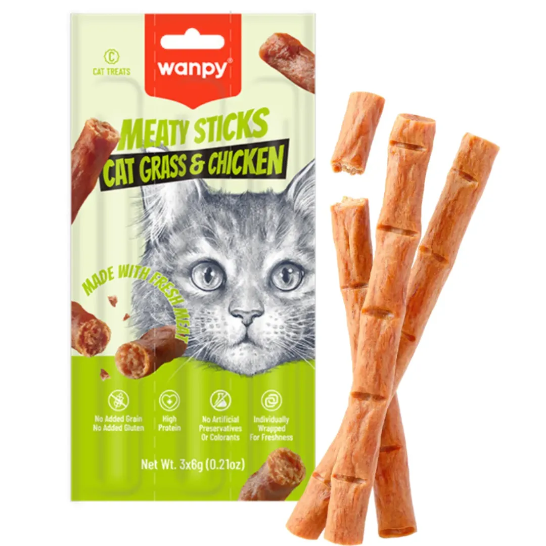 Outlet Kat Meaty Sticks med Kattegræs og Kylling 3 x 6 g Kattefoder & Snacks|Killingesnacks - Sunde Godbidder Til Killinger