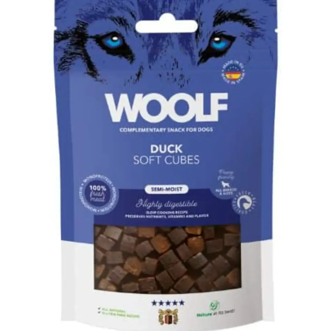 Clearance Woolf Hundesnack Bløde Terninger med And - monoprotein 100 g Snacks Til Hvalpe - Lækre Godbidder Til Træning Og Forkælelse|Hundeguf Og Tyggeben Til Hunde