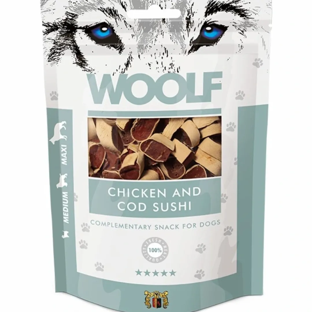 Discount Woolf Hundesnack Kylling og Torsk Sushi Snacks Til Hvalpe - Lækre Godbidder Til Træning Og Forkælelse|Hundeguf Og Tyggeben Til Hunde