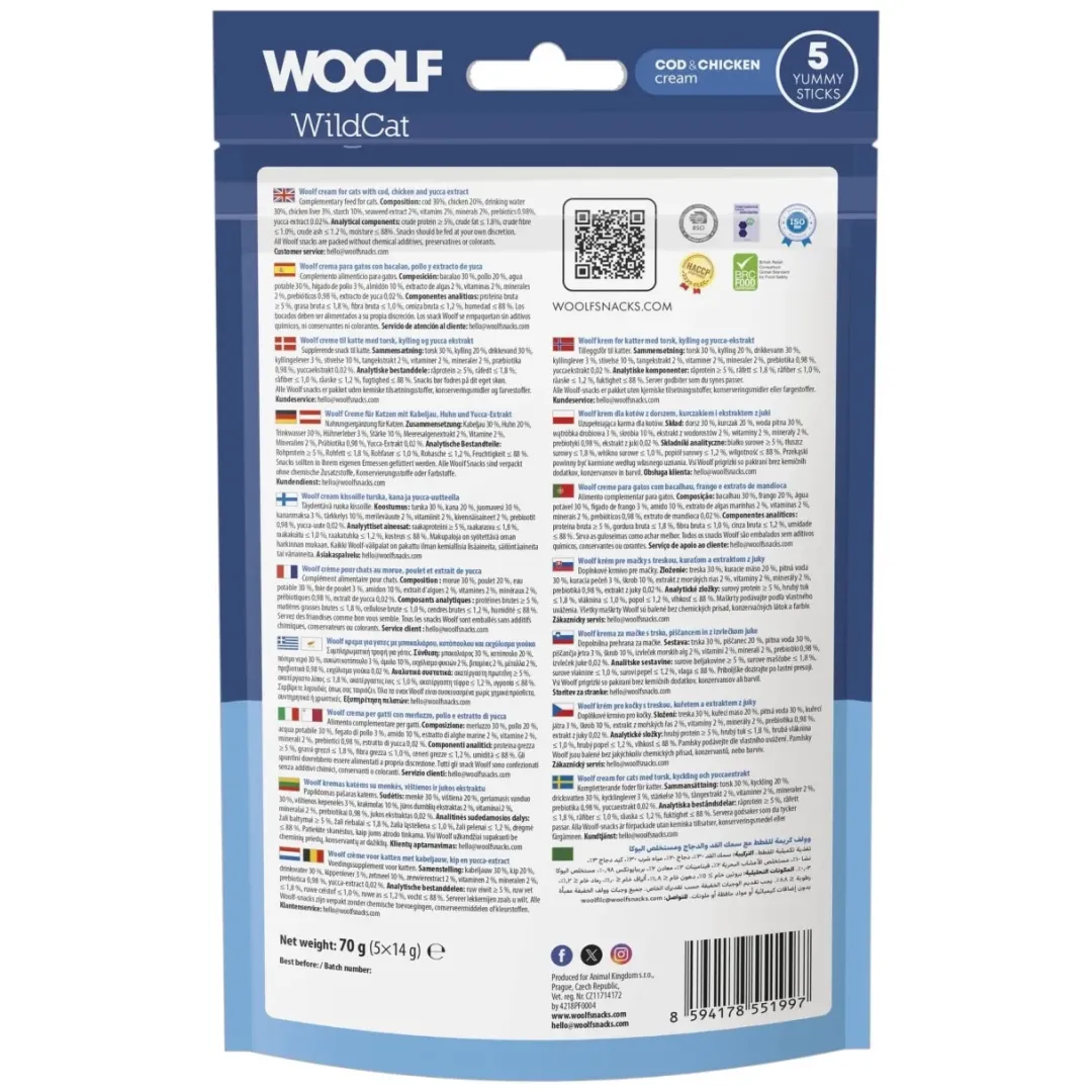 Outlet Woolf Wildcat Cream 5 stk - Cremede godbidder med torsk og kylling til katte Kattefoder & Snacks|Killingesnacks - Sunde Godbidder Til Killinger