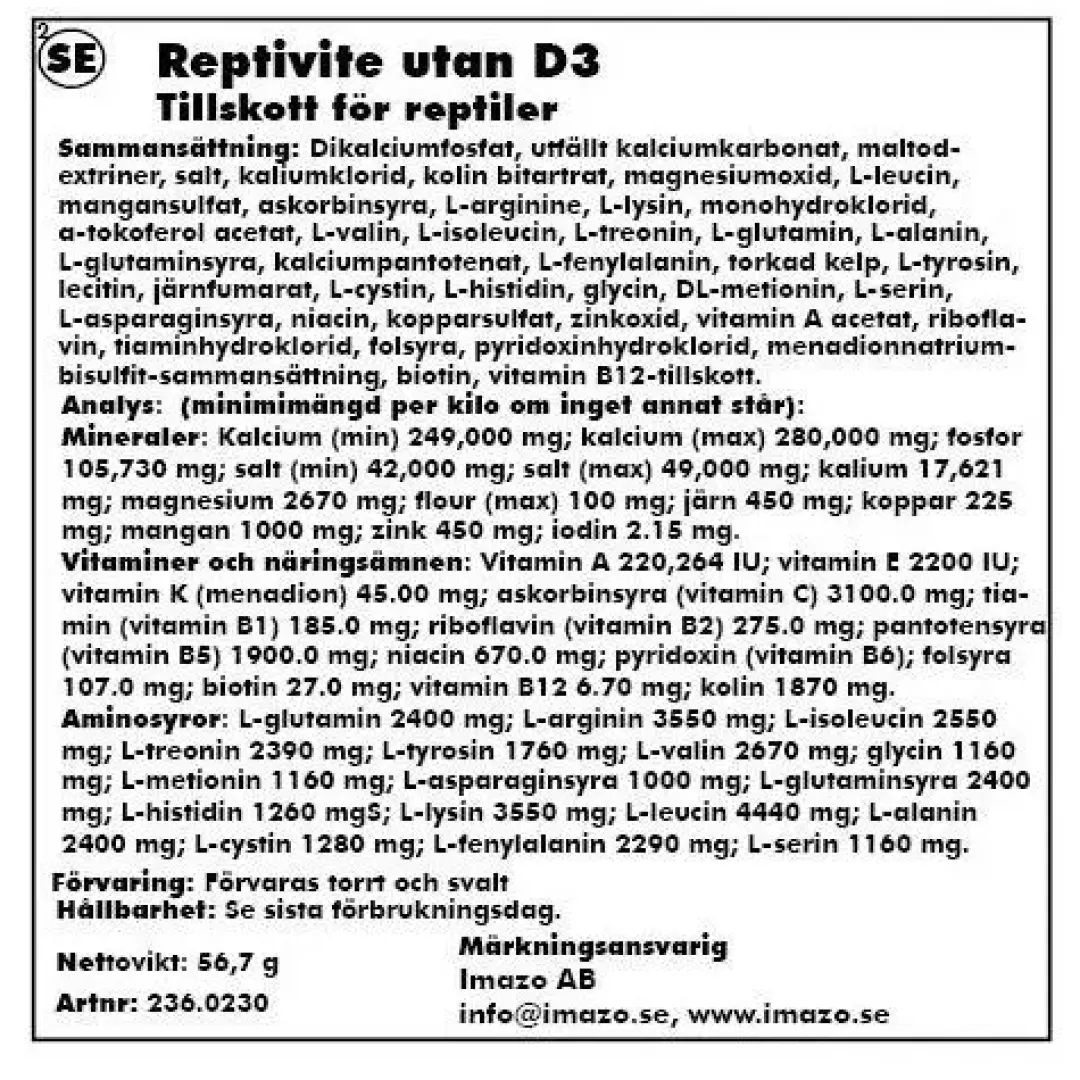 Online Reptivite 56 gram uden D3 med Fosfor Foder & Vitaminer Til Krybdyr